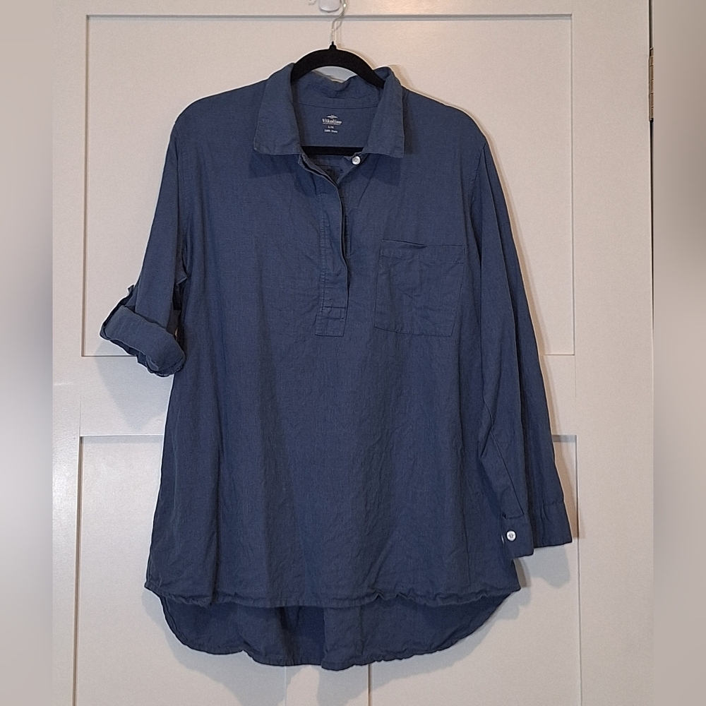 Vikolino Linen 100% Popover Tunic Blue Size L/XL Roll Tab Sleeves 3 Button Upper